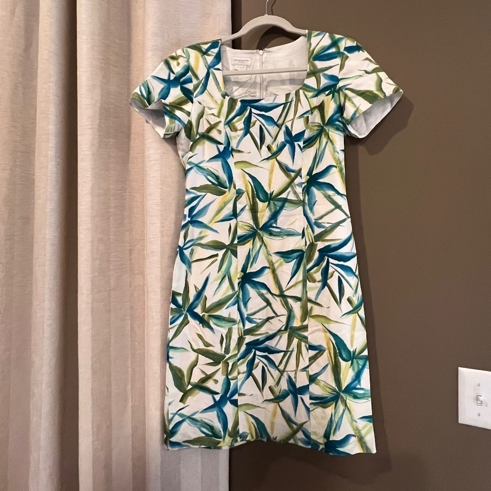 Liz Claiborne Floral Silk Dress, Blue, Green, Lined Midi, Short Sleeve, Size 6